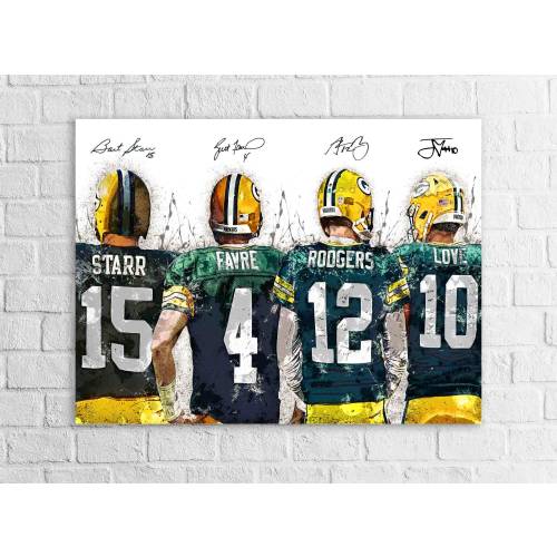 Jordan Love, Aaron Rodgers, Brett Favre, Bart Starr Green bay Packers, Gallery Canvas Wrap or Museum-Quality Poster, Man Cave, Kids room