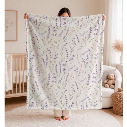 Personalized Lavender Baby Blanket, Custom Name Floral Nursery Gift for Girls - BLA25