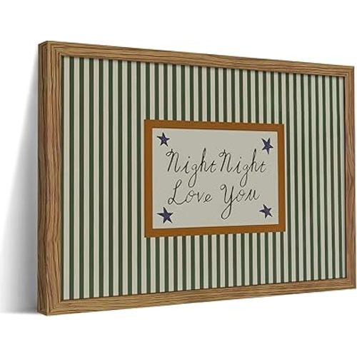 Vintage Green Wall Art, Mid Century Night Night Love You Stripe Canvas Wall Decor Painting, Modern Minimalist Nursery Striped Prints Pictures for Baby Room Kids Bedroom 16x24 Inch Framed