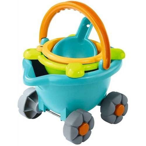 HABA Sand Bucket Scooter - 4 Piece Nesting Beach Toy Set - Toddler Summer Toys & Toddler Beach Essentials with Sand Bucket, Sieve, Shovel, & Pail on Wheels - Perfect Beach Toys for Toddlers 1+