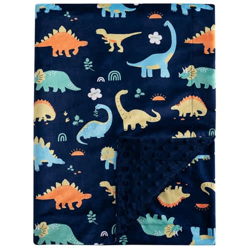 PHF Minky Baby Blanket for Boys, 30x40 Inches Soft Double Layer Baby Blankets with Dotted Backing, Receiving Blanket Bed Throws for Newborn, Infant, Babies, Navy Dinosaur
