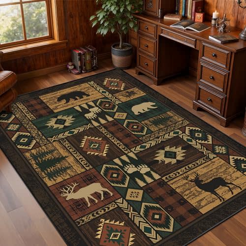 Rustic Cabin Living Room Rug 5x7, Washable Upgrade Non-Slip Animal Bear Deer Wildlife Print Pattern Area Rugs Low Pile Ultra-Thin Lodge Hunting Carpet for Bedroom, Dining Room, Office, Rustic Multi