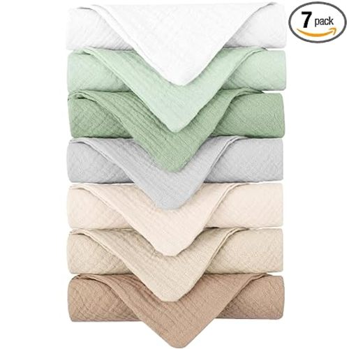 Konssy Baby Muslin Washcloths 7-Pack, 100% Cotton Baby Bath Washcloths, Soft & Absorbent Wash Cloths and Burp Cloths for Newborn Kids Girls & Boys, 11x11 inches