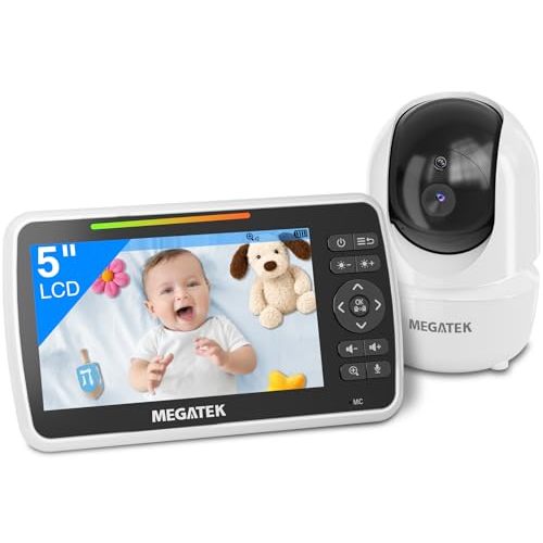 MEGATEK BabyView Video Baby Monitor with Camera and Audio, 5” Screen, Pan-Tilt-Zoom, No-WiFi 2.4GHz Wireless, 30-Hour Battery, Night Vision, 2-Way Talk, VOX, Lullabies, Timer, Temperature Alerts