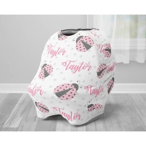 Ladybug personalized infant seat privacy cover pink girls lady bug baby name carseat cover, pink newborn ladybug baby gift, (CHOOSE COLOR)