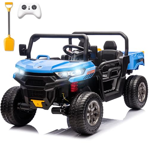 Sopbost 2 Seater 24V Ride On Dump Truck with 4×75W Motors Battery Powered Ride On Car with Remote Control, Electric Car for Kids with EVA Tires Wheels, Shovel, Music, Blue
