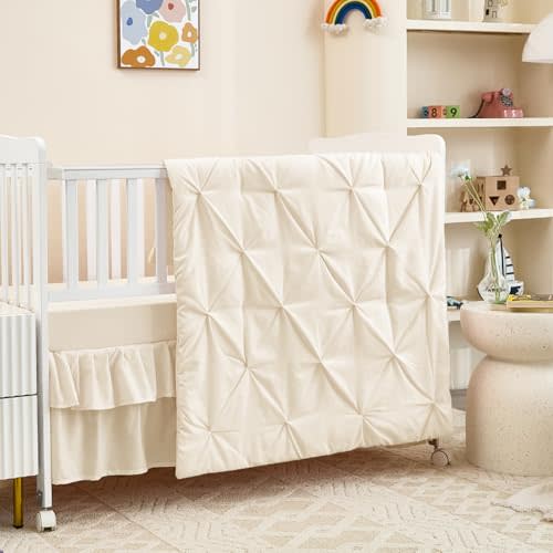 NacoMoco 3-Piece Crib Bedding Set for Girls Boys - Ultra Soft & Skin Friendly Baby Bedding Crib Set Includes Crib Comforter, Sheet & Skirt (Light Beige)
