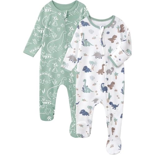 Baby Sleepers 100% Cotton Footie Pajamas, Newborn 0-3 3-6 6-9 Months with 2-Way Zipper, 2pcs PJs Baby Boy Clothes