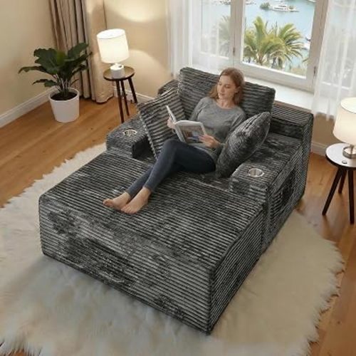 66" Chaise Lounge Chair Indoor,Oversized Boneless Single Sleeeper Couch Bed,Cloud Sofa with 3 Soft Pillows for Livingroom,Bedroom,No Assembly (Grey, 66inch)
