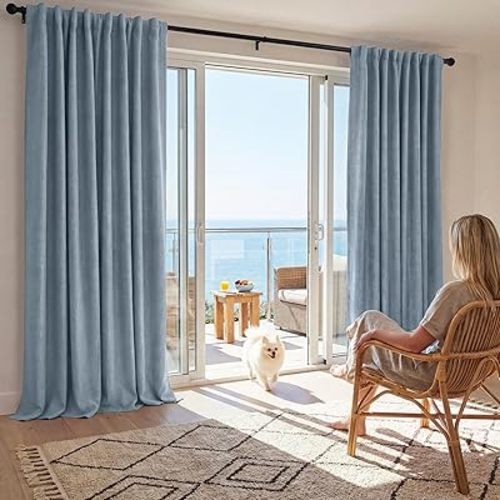RYB HOME Linen Texture Curtains for Bedroom, 100% Blackout Thermal Insulated Curtains, Rod Pocket&Back Tab Room Darkening Drapes Luxury Decor for LivingRoom/Nursery, W52xL84, 2 Panels, Smoky Blue