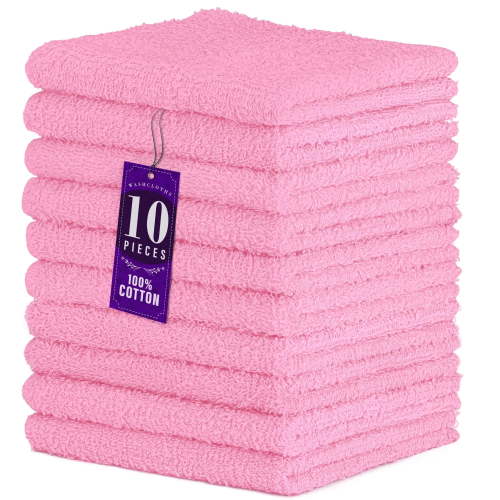 DecorRack 10 Pack 100% Cotton Washcloths, Absorbent 12 x 12" Soft Cotton Hand Towel, Light Pink (Set of 10)