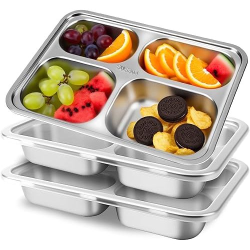 3 Pack Snack Containers for Kids Adults - 4 Compartment Stainless Steel Containers with Lids, Lunch Box, Meal Prep Containers, Divided Stainless Steel Food Storage Boxes for School, Home, Travel