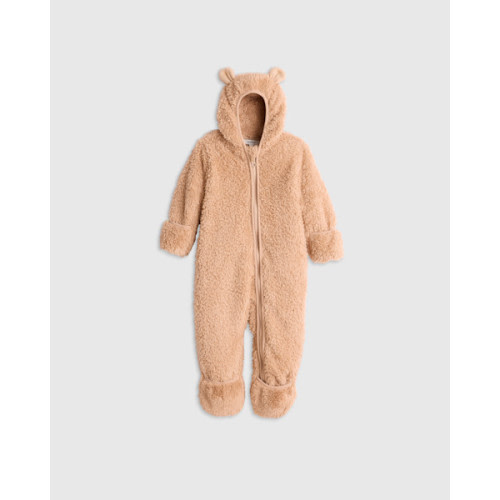 Recycled Sherpa Fleece Baby Bear Bunting - Baby in Teddy Brown