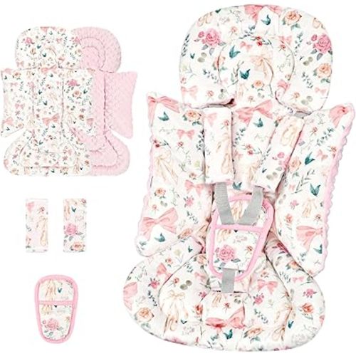 3-in-1 Infant Car Seat Insert, Soft Head and Body Support,Ultra & Strap Covers Set, Reversible Newborn Car Seat Cushion Pad for Baby Boy & Girl fits Stroller, Swing, Bouncer (Pink Bow)