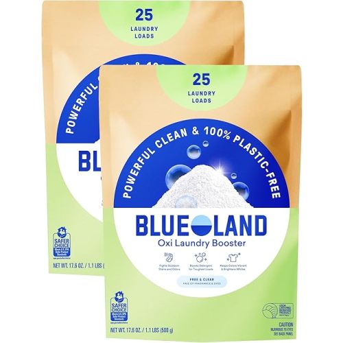 BLUELAND Oxi Laundry Booster Powder Refill 2-Pack, Fragrance Free & Clear, 50 Loads, 35.2 oz, Plastic-Free, Eco Friendly, Oxy Cleaner, Stain Remover
