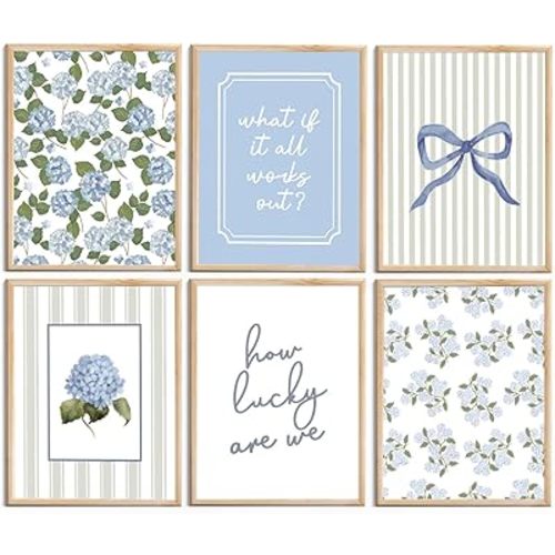 6 Pcs Blue Hydrangea Bow Canvas Wall Art How Lucky Are We Poster Prints Trendy Striped Coquette Paintings Pictures Sage Green Coastal Preppy Aesthetic Wall Decor for Girl Room Bedroom Living Room Office Dorm Apartment 12x16 In Unframed