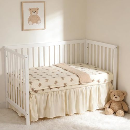 Organic Cotton Muslin Baby Crib Bedding Set 3 Piece Soft for Infant Newborn Toddler Boys Girls 52"x28", Nursery Bed Quilt Set Decor with Fitted Crib Sheet, Boho Quilted Comforter Blanket, Bed Skirt