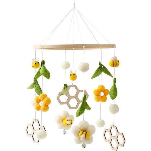 Nursery Mobile for Boys Girls, Boho Bee Flower Nursery Decor Soothe Toy, Shower Set for Infant Bedroom Hanging Decoration, Yellow