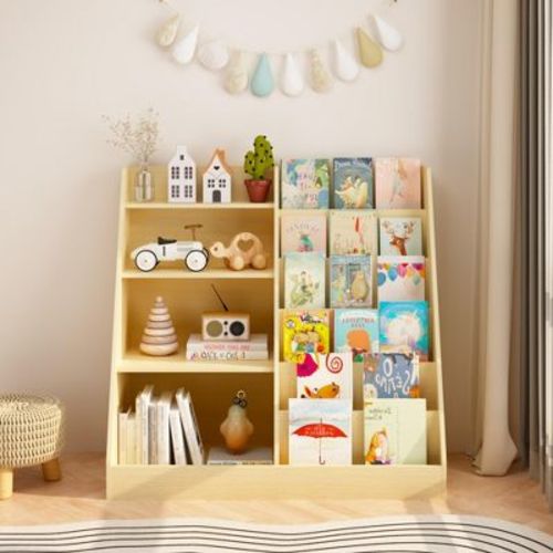 Wood Kids Bookshelf with Bookcase Display Stand, Toy Storage Organizer for Kids Room, Playroom, Nursery, Natural - ModernLuxe