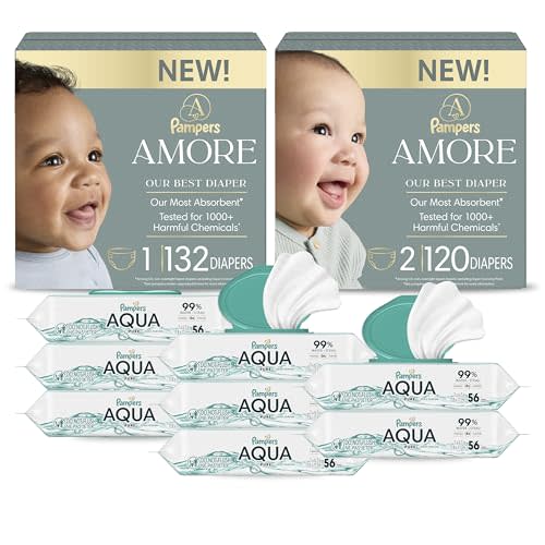 Pampers Amore Premium Baby Diapers Starter Kit, Sizes 1 (132 Count) & 2 (120 Count) with Aqua Pure Baby Wipes, 8X Pop-Top Packs (448 Count)
