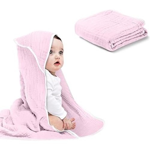 Baby Hooded Towels for Babies and Toddlers, Muslin Baby Bath Towel Soft and Absorbency for Baby Girls (Pink 1 Pack)