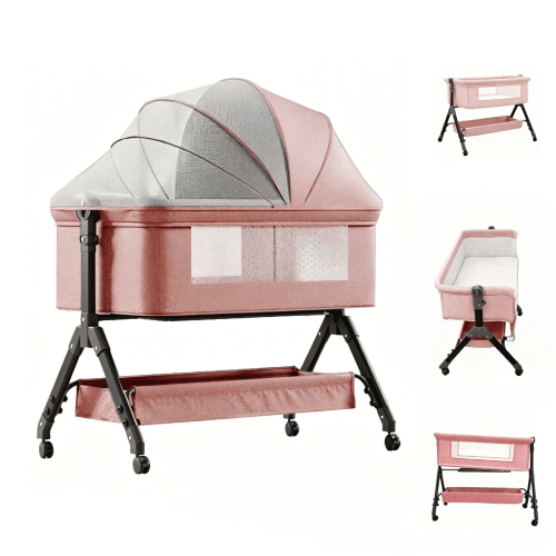5-in-1 Baby Bedside Bassinet, Portable Rocking Crib ,Lightweight Sleeper with Easy Fold , for Babies & Toddlers (Pink)