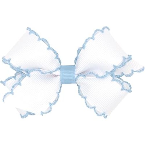 Wee Ones Girls' Classic Grosgrain Moonstitch Edge Hair Bow, No-Slip Hair Clip, Handmade, White with Millennium Blue, Mini