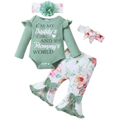 SUNNY PIGGY Newborn Baby Girl Clothes Infant Outfits Romper Floral Fall Outfit Bell Bottoms Pant Sets Hat Headband Flowerpant