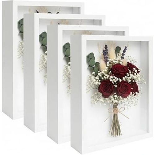 4 Pack Shadow Box Frame Display Cases, 8"x 10" Wood Deep Black Handicrafts Shadowbox Picture Frame for Flowers Jersey Baby Wedding Dress(White)