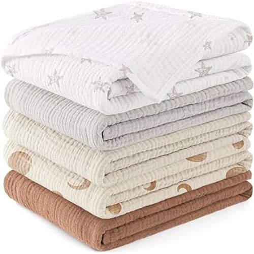 Susurration Muslin Baby Washcloths 23x23inch, Large Ultra-Absorbent 100% Cotton Baby Bath Wash Cloth Burp Cloth Soft Breathable Baby Face Towel for Newborn Baby Boy and Girl, 5Pack (Brown Moon)