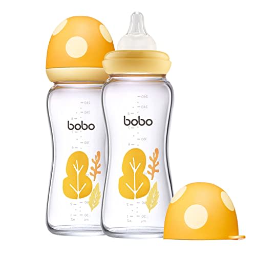 YOHKOH Natural Glass Baby Bottle with Natural Response Nipple, Newborn Anti-Colic Baby Bottles, Wide Neck Mushroom Cap Baby Bottle, Clear (8.8oz (Pack of 2), Yellow)