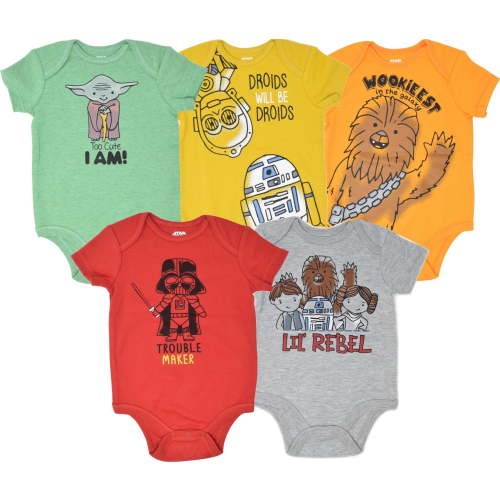 Star Wars Yoda Darth Vader R2-D2 Newborn Baby Boys 5 Pack Bodysuits Newborn to Infant