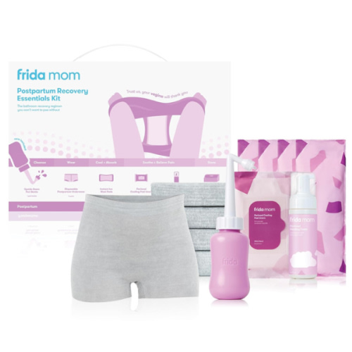 Frida Mom 11pc Postpartum Essentials Kit Gift Set, Hospital Bag Must Haves for New Mom, Includes 4 Disposable Postpartum Underwear, 4 Ice Maxi Pads, Perineal Healing Foam & 24 Pad Liners & Peri Bottle