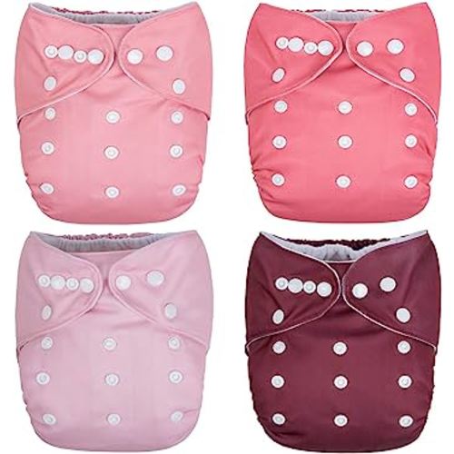 Nora's Nursery Cloth Pocket Diapers 4 Pack with 4 Inserts - Waterproof Cover, Washable, Reusable & One Size Adjustable Pocket Diapers for Newborns and Toddlers - Berry Mauve
