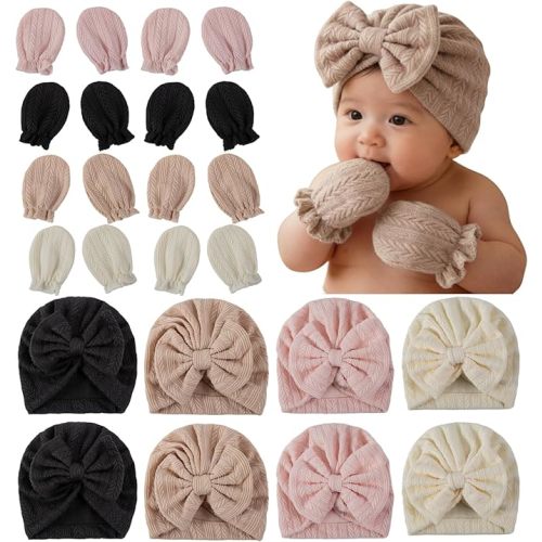 8 Sets Newborn Baby Hats & Mittens Cotton Preemie Infant Bow Beanies Caps Gloves Hospital New Born Boy Girl 0-3 Month