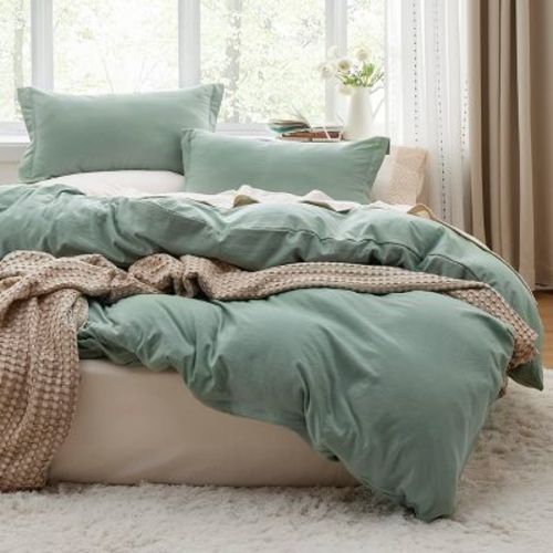Bedsure Prewashed Duvet Cover Queen, 3 Pieces Cotton-Like Soft Bedding Set(1 Duvet Cover with Zipper Closure & 2 Pillow Shams) Sage Green