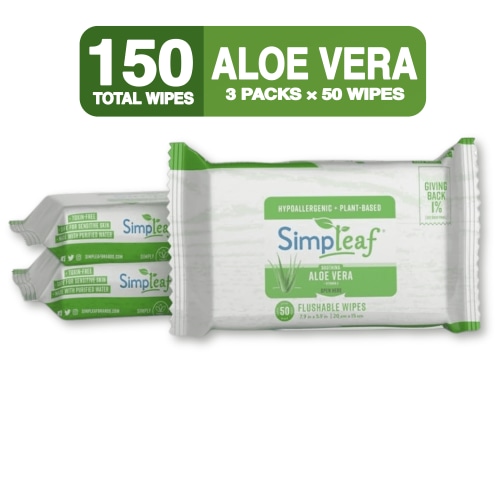 Simpleaf Flushable Wet Wipes, Eco-Friendly, Paraben & Alcohol Free-Hypoallergenic & Safe Sensitive Skin, Aloe Vera & Vitamin E Formula-50-Count 3 Pack