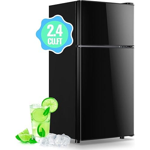 DEMULLER 2.4 Cu.Ft Mini Fridge with Freezer & Double Door Small Tiny Size Refrigerator with 7 Temperature Control Knob Only Suitable for One Person Use Black