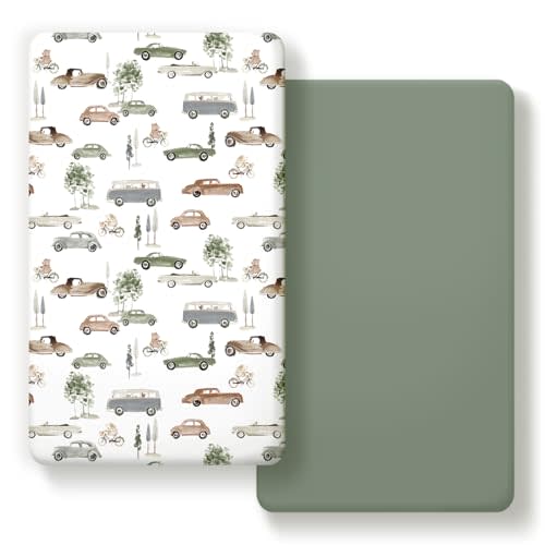 GRSSDER Stretchy Ultra Soft Jersey Knit Fitted Crib Sheets Set 2 Pack, Universal Fitted All Standard Crib Mattress Pads Safe and Snug, Crib Fitted Sheet for Baby, Neutral Pattern of Cartoon Cars Print