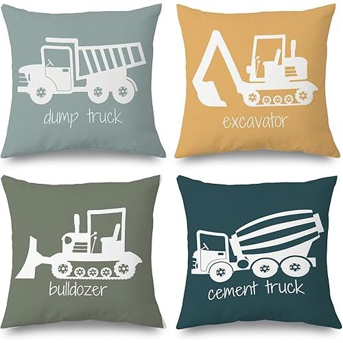 Construction Truck Decor for Toddler Boys Room - Bedroom Playroom Nursery, Truck Pillow Covers 18x18 Set of 4