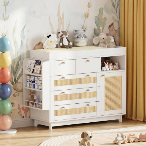 Ebern Designs Wood Rattan Dresser with 5 Drawers, Cabinet, and Open Shelves, Baby Nursery Changing Table Station with Multi-Functional Storage, Diaper Changing Dresser for Nursery, Bedroom, or Playroom | Wayfair