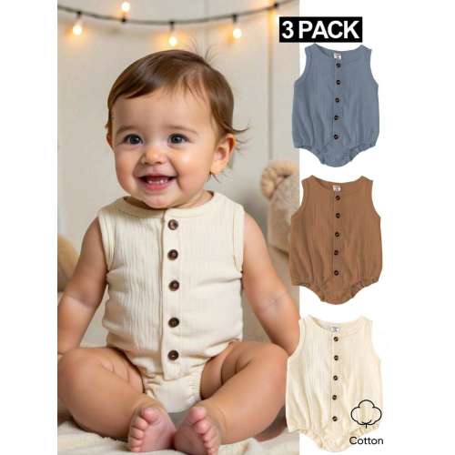 SHEIN 3pcs/Set Baby Boys' Summer Blue, Apricot, Brown Pure Cotton Front Snap Closure Sleeveless Bodysuits, Casual Style Suitable For Daily Outdoor Play, School, Vacation, Sports, Gatherings | SHEIN USA