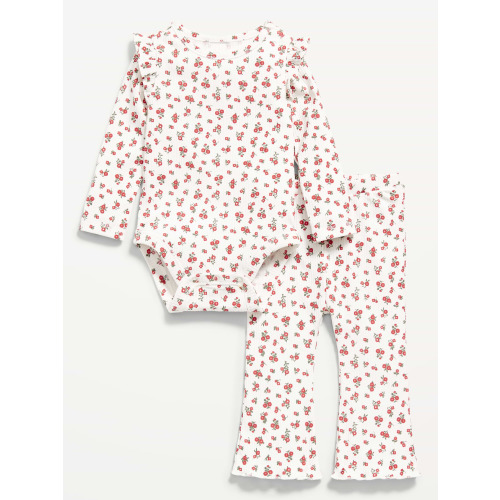 Printed Ribbed Ruffle-Trim Bodysuit and Pants Set for Baby