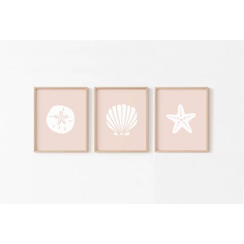 Blush Coastal Nursery Wall Art PRINTABLE, Pink Seashell Girls Room Print Set, Starfish Sand Dollar Kids Decor, Digital Boho Minimalist Beach