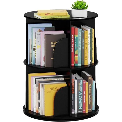 SpaceAid 2 Tier Rotating Bookshelf Tower, Spinning Bookcase Lazy Susan, Revolving 360 Book Shelf Storage Round Carousel, Vertical Rotate Turning Spiral Corner Organizer, Black