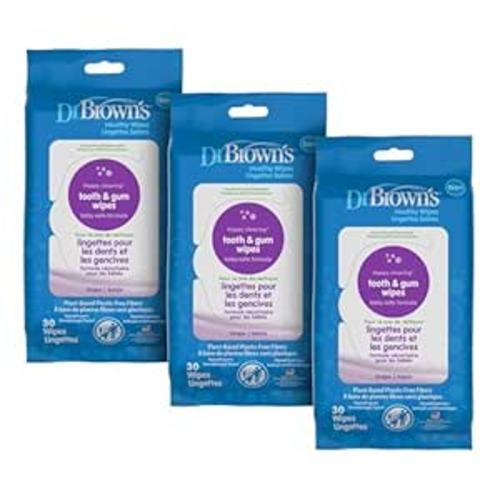 Dr. Brown's Tooth and Gum Healthy Wipes, Fluoride-Free Oral Care for Babies, Grape Flavor, 30 count, 3-Pack (Packaging May Vary)