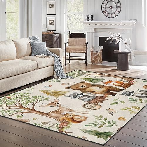 Area Rugs 5'x7' Washable Rug, Woodland Watercolor Nursery Stain Resistant Non Slip Backing Animals Forest Carpet for Living Room Bedroom Dining Room