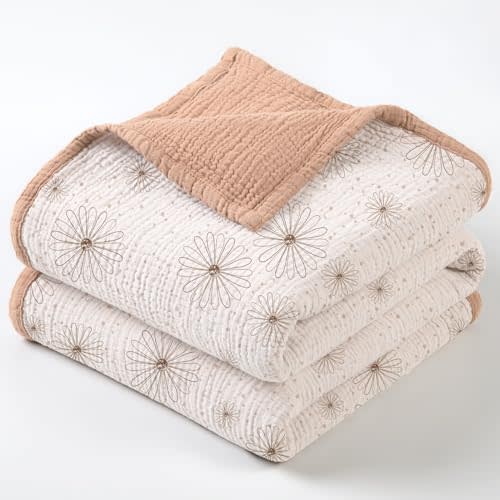 lulumoon Muslin Baby Blanket for Girls - Soft Cotton for Newborn - 4 Layer Reversible Breathable Floral Receiving Blanket for Nursery Crib and Stroller 47"x47" (Pink Daisy)