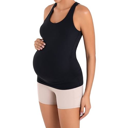 Sunzel Maternity Tank Top with Built in Bra, Racerback Pregnancy Cami | 80% polyamide/20% Lycra, built-in bra, racerback, side ruching, soft stretch, long length for pregnancy & postpartum
