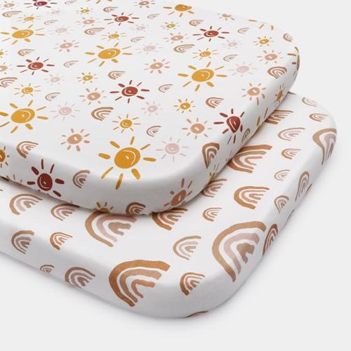Babebay Cotton Bassinet Sheets for Baby Girl and Boy, Soft Bassinet Sheet Fitted for Rectangle, Oval and Hourglass Mattress, 2 Pack (Boho Rainbow)